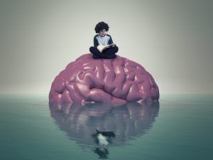Boy reading a book sitting on a brain