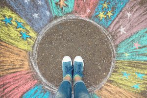 Standing in a chalk rainbow circle