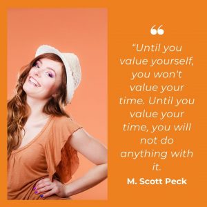 Quote from M Scott Peck on an orange background with a girl wearing an orange top next to it