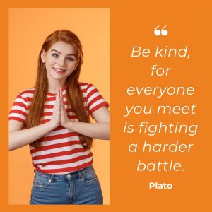 Teenage girl in striped t-shirt next to a quote